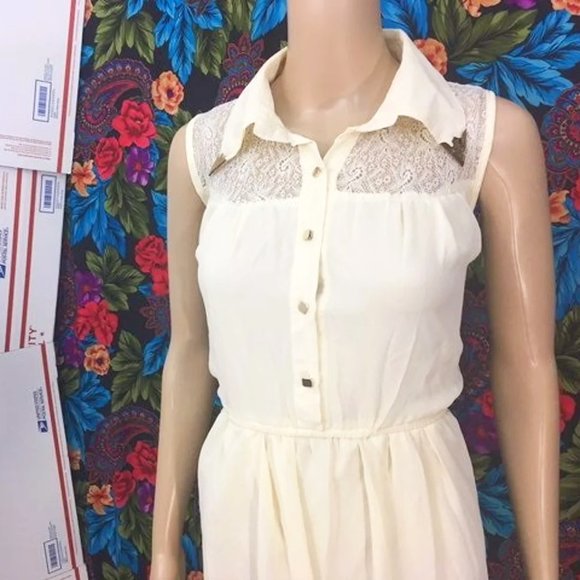 WOMEN'S LIGHT BEIGE CREME DRESS PRETTY BUTTON UP COLLAR MIDI DRESS LARGE - Picture 3 of 7